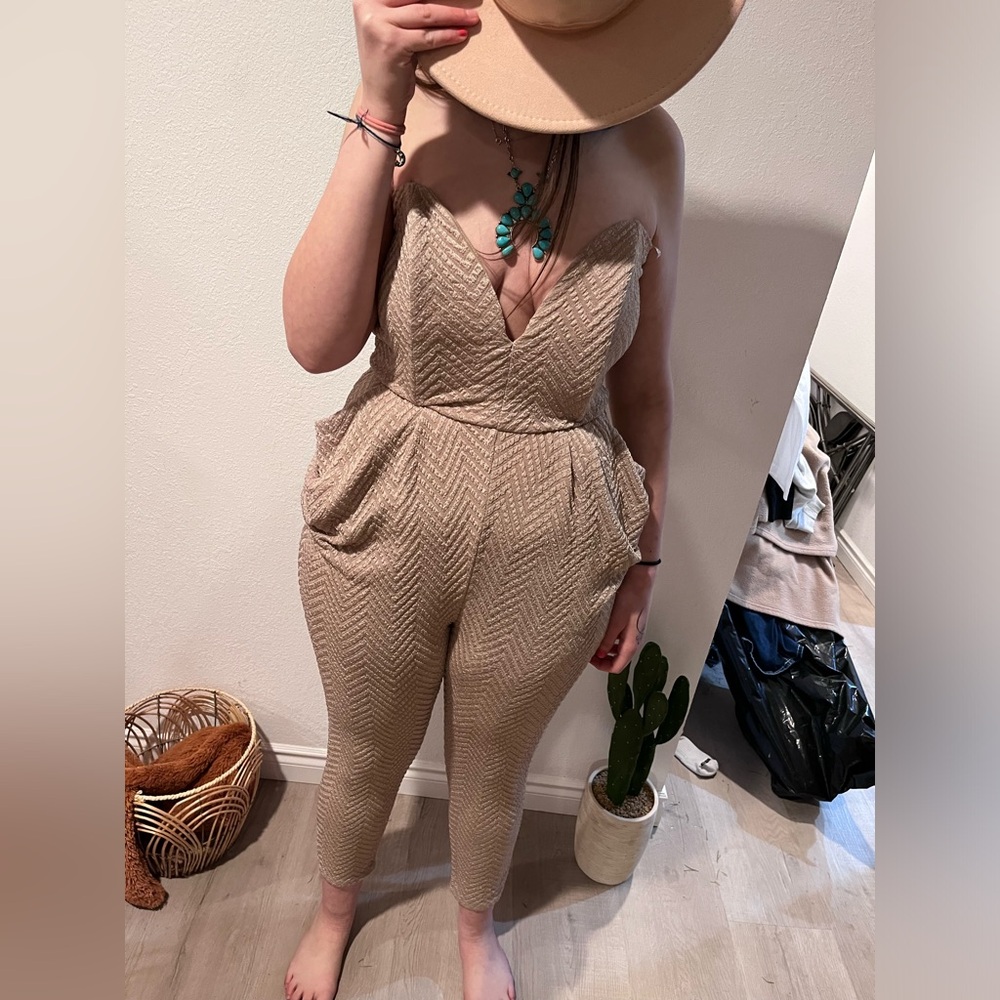 Textured Tan Pants Jumpsuit
